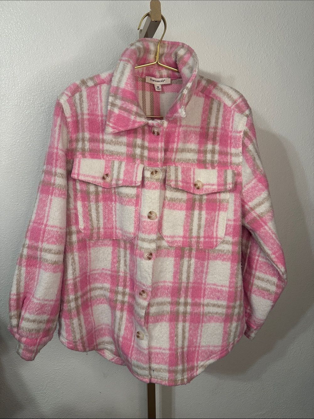 Francesca's Pink Plaid Button-Up Shacket- MEDIUM